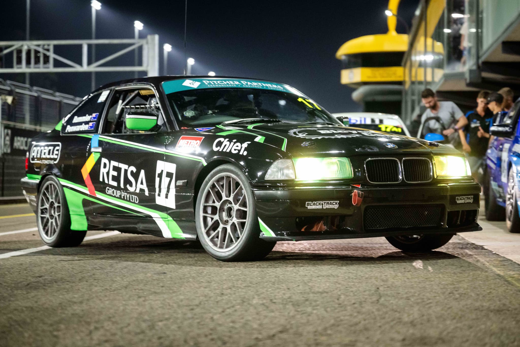 Project E36 at night under track lights