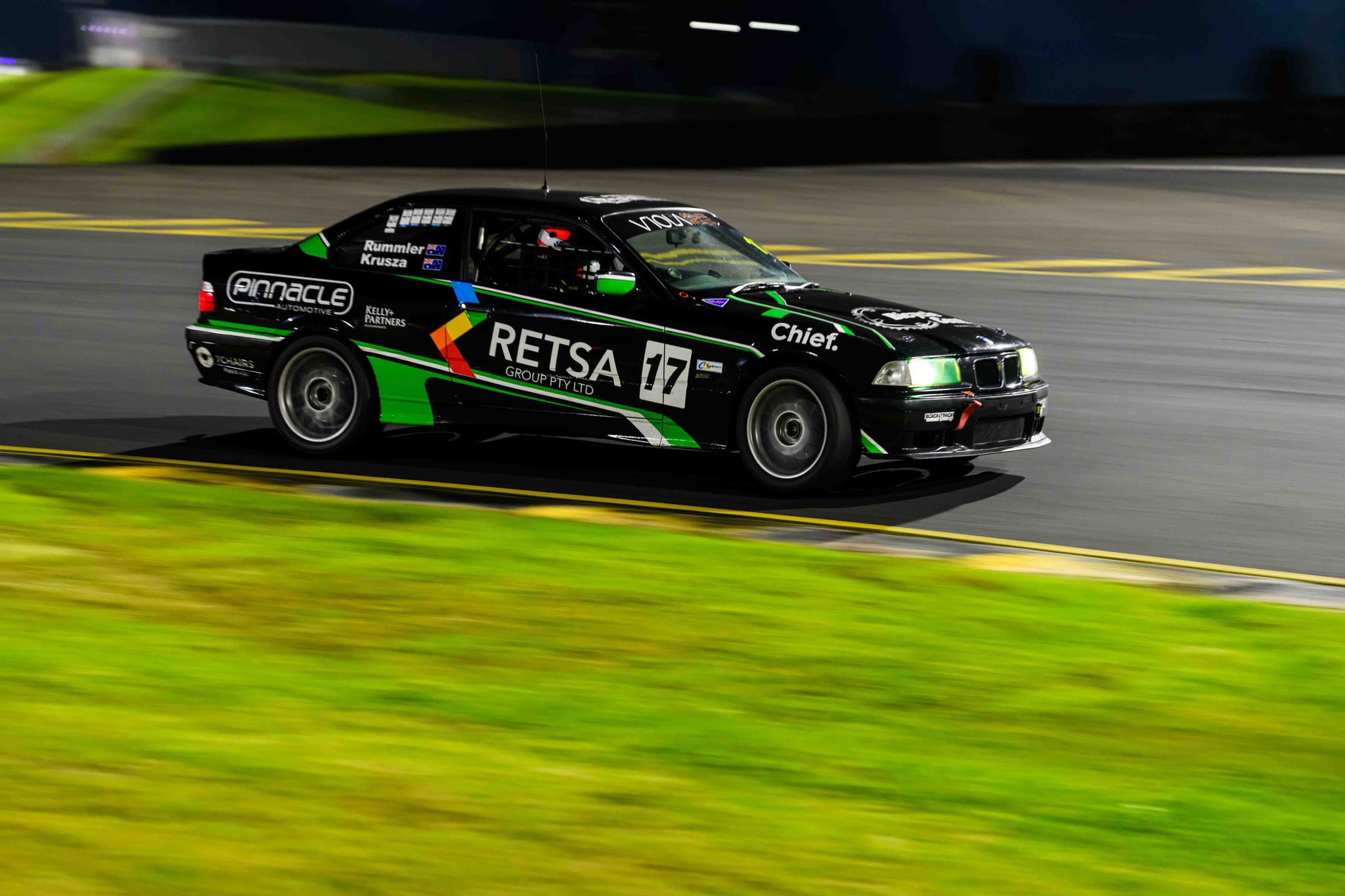 Project E36 #17 racing under the lights during the 2026 Sydney 300 night enduro